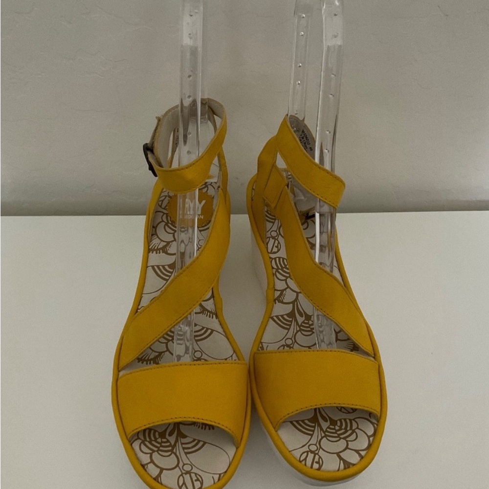 Fly London Yellow Leather Ankle Strap Wedge Sandals - Size 40 (9.5)